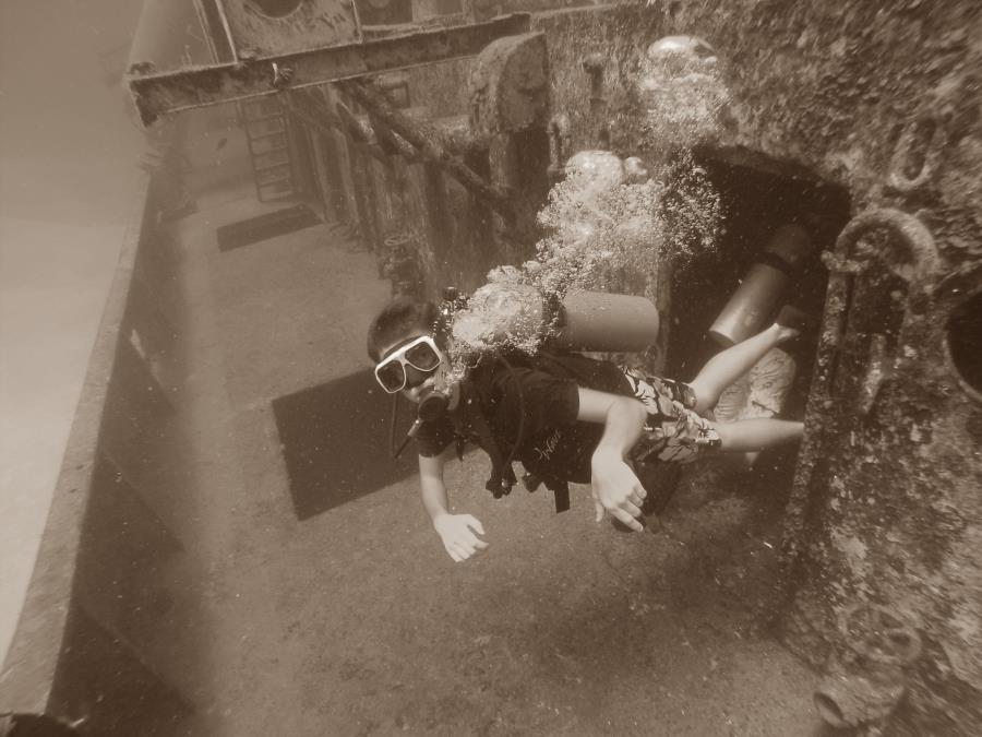 Kittiwake - Conner exiting one of the large holes in the Kittiwake