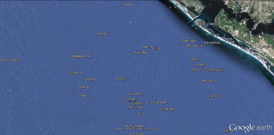 Hathaway Bridge Span #1 - Google Map of Panama City Beach Wrecks
