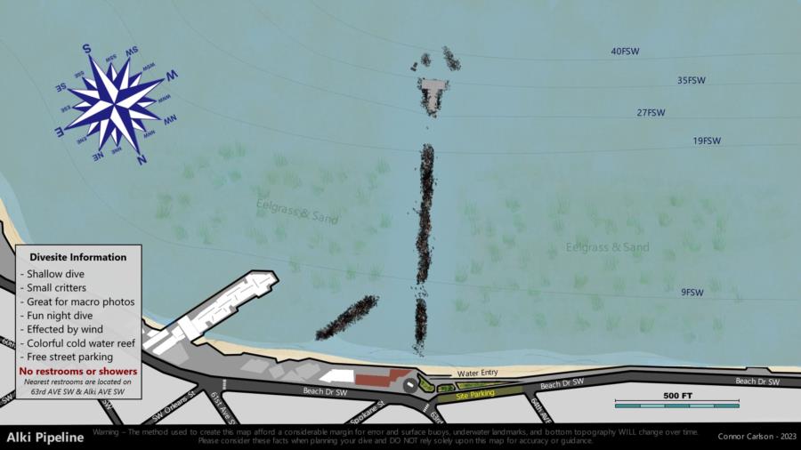 Alki Pipeline - Dive Site Map - 2023 - Connor Carlson