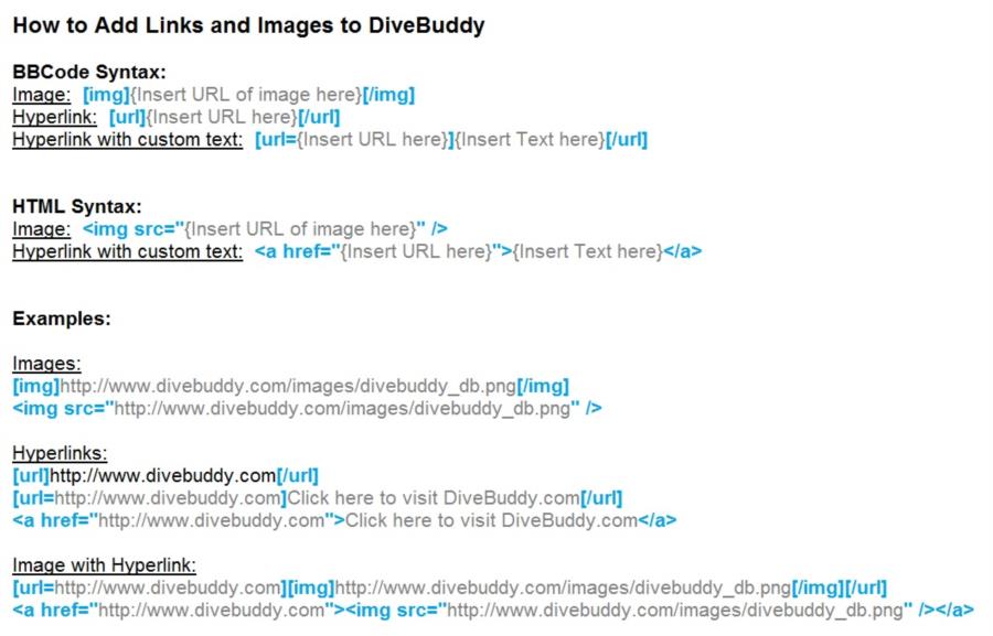 How to Add Links and Images to DiveBuddy (BBCode, HTML)