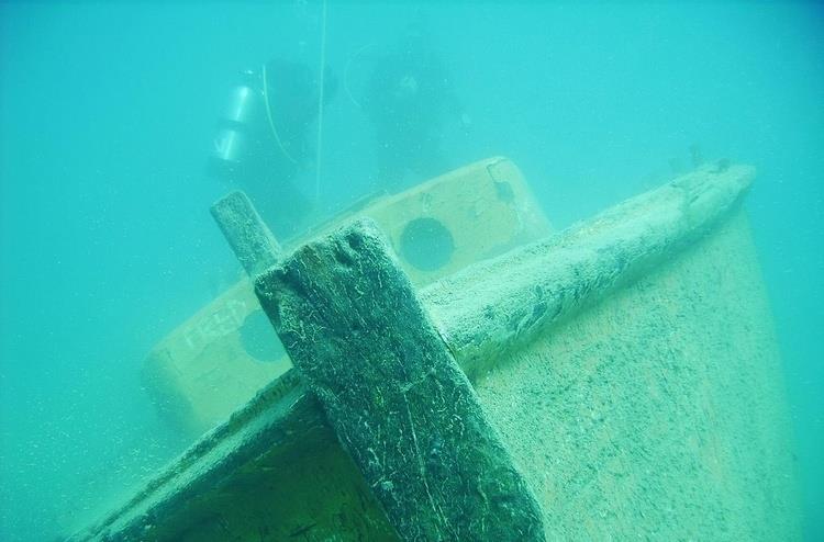 Blue Lagoon - Bow of wooden sailboat