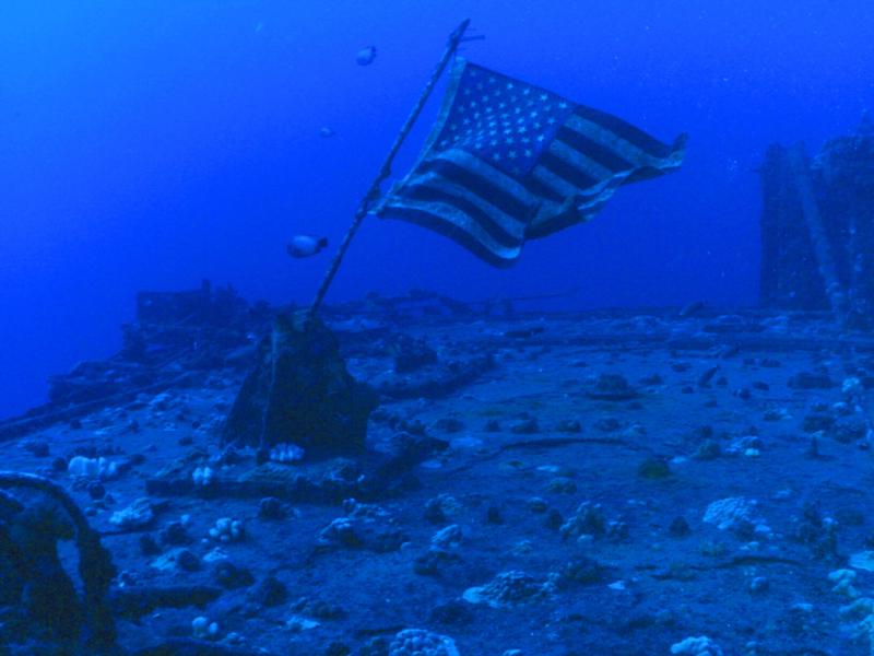 Sea Tiger - Flag flies over Sea Tiger wreck, HI