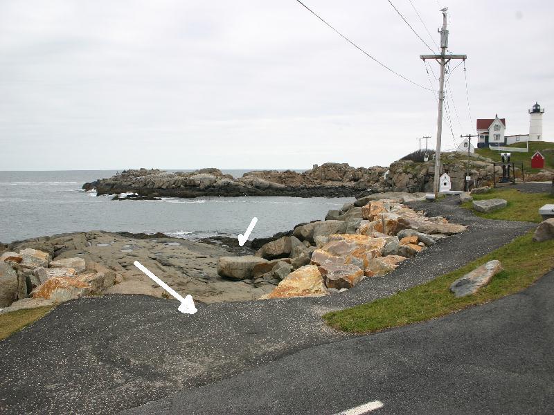 Nubble Light House, Cape Neddick - markers showing entrance path from parking lot and water entrance area