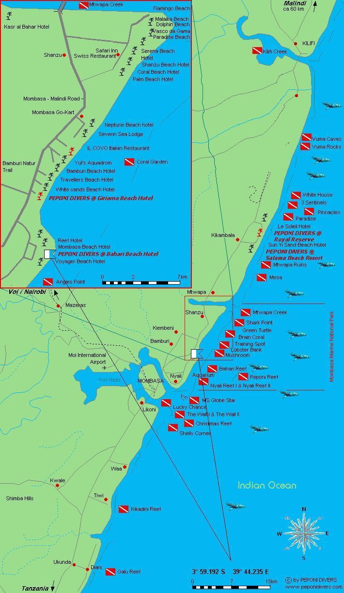 Shark Point Mombasa Kenya - Map of  Dive Sites Mombasa North Coast Kenya