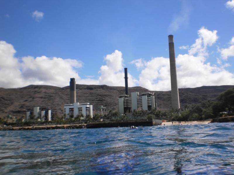 Kahe Point Beach Park (aka Electric Beach), HI - The Power Plant with beach entry to the right