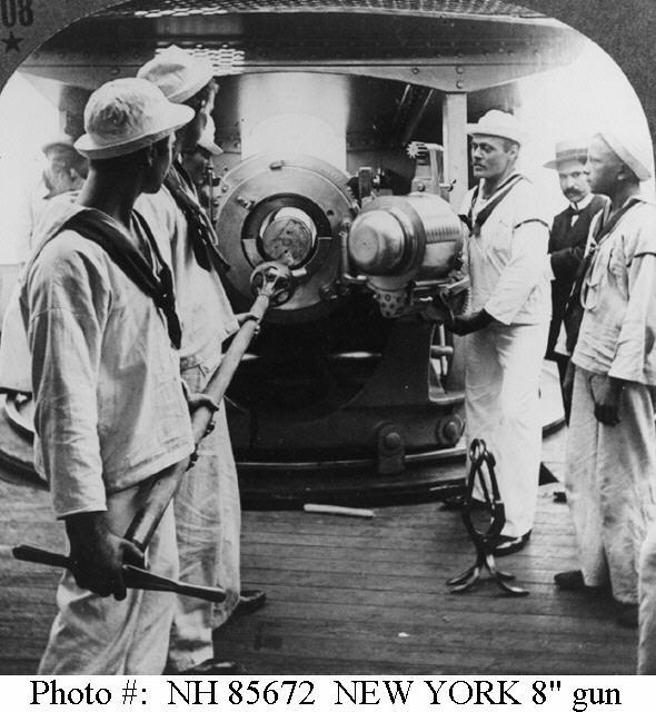 USS New York - Practice loading of one of the cruiser’s midships 8"/35 guns, circa 1898.