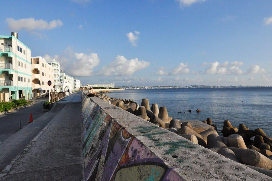 Sunabe Sea Wall aka Sunabe Seawall - View from road, overlooking sea wall