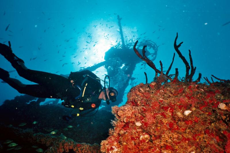 Diver silhouetted against crow’s nest, Florida Keys