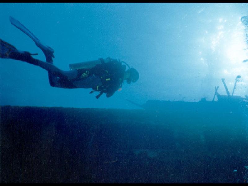 Alongside sunken water freighter, Bahamas