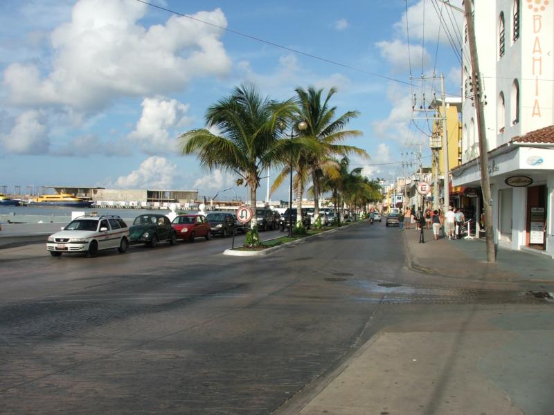 Cozumel harbor street - ferries in background