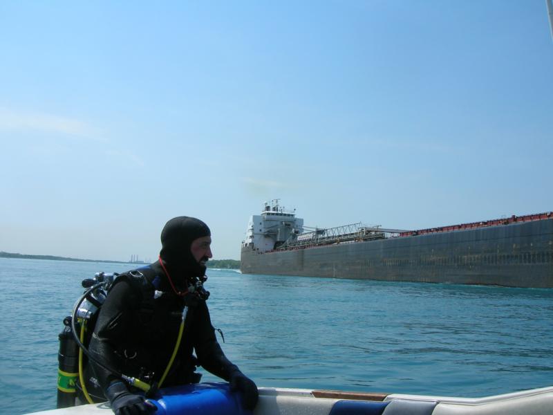 Buddy Jim had to get out of the water to let the ship go by