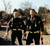 Dive buddies Mikey Owens and Bob Moore, before a Underwater Pumpkin carving contest, Quarry dive