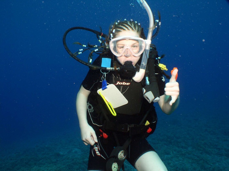 Ariana - my 11 year old certified diver!! - check out the hair!