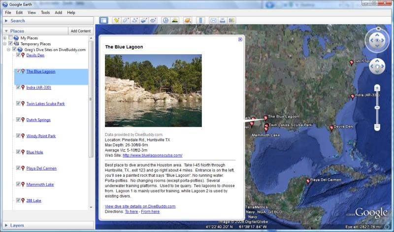 DiveBuddy dive map downloaded to Google Earth