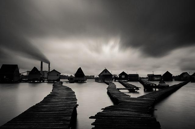 Houses on Lake in Bokod Hungary with wooden walkways