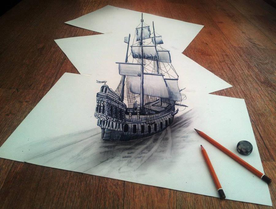 3D pencil drawing of a ship