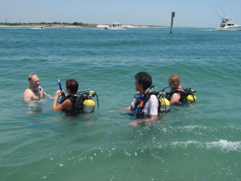 Greg, Chuck and Christal getting ready to dive radio island NC