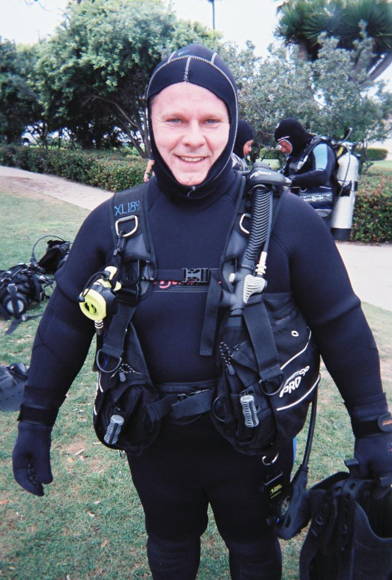 Ready for my first cold water dive at La Jolla cove near San Diego.