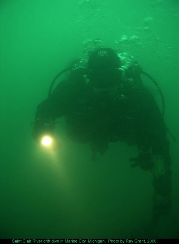 Diver drifting down the St. Clair River in Marine CIty, Michigan