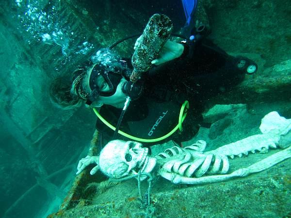 Valentina and skeleton Happy Hour April 2009, St. Barth USVI