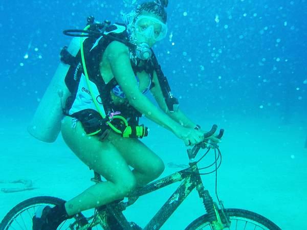 Valentina bicycling underwater in Cayman Islands Oct. 2009