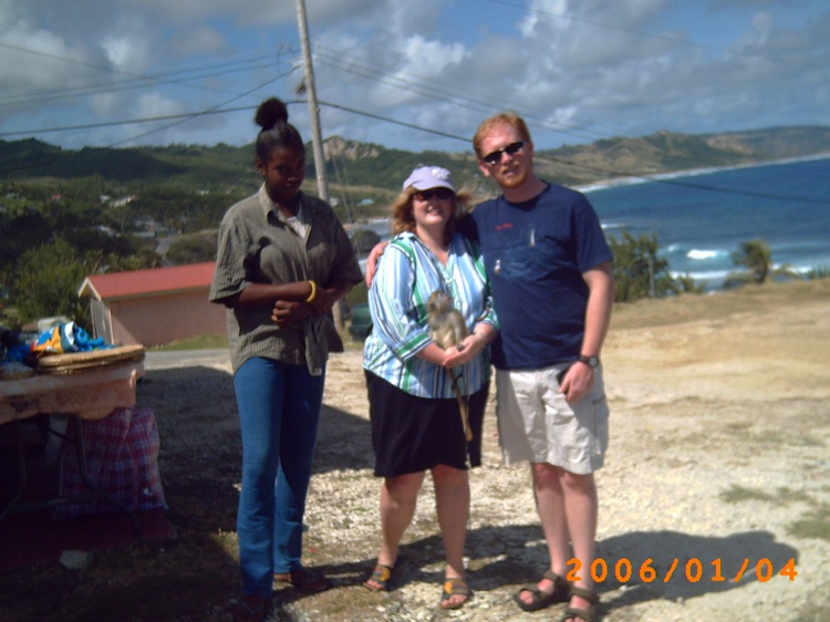 My wife and I with a little friend and his big friend.