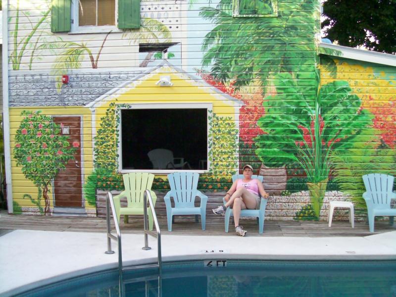 Jennifer poolside at the Wicker House