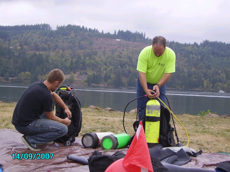 My son and I prepare for our first dive together.....cool!!