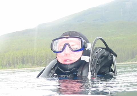 Me after diving the Habbakuk at Patricia Lake in Jasper, Alberta