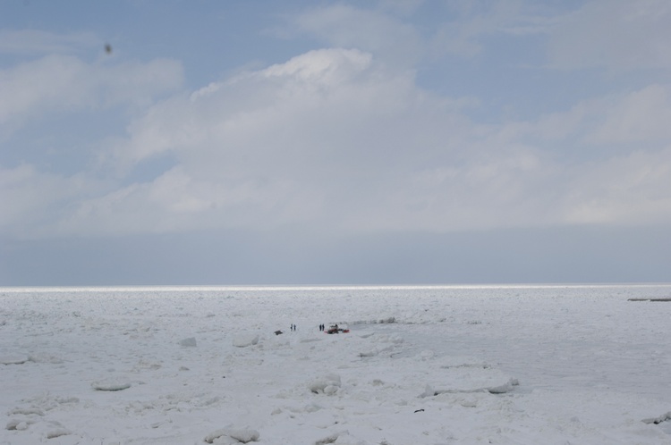 Ice diving site In front of Dolphin Hotel in Utoro, Hokkaido, Japan