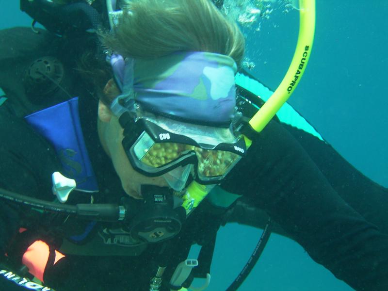 Reflection of coral in Sandy’s mask( Jupitermermaid ), Bonaire 2008