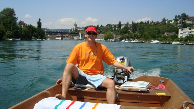 Boating on Rhein River near Schaffhausen, Switzerland