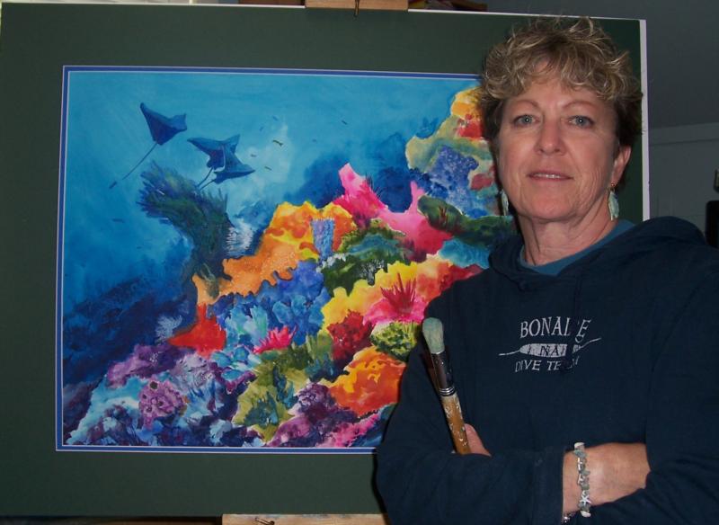 Bonnielynn at the easel with eagleray watercolor