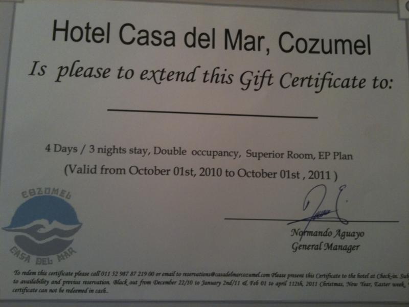 Casa Del Mar Cozumel Mexico Gift Certificate 