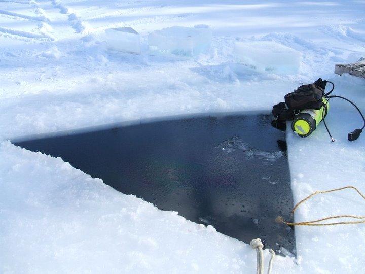 ice diving hole ready for divers